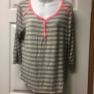 Pink Rose gray stripe 3/4 sleeve top‎ coral trim